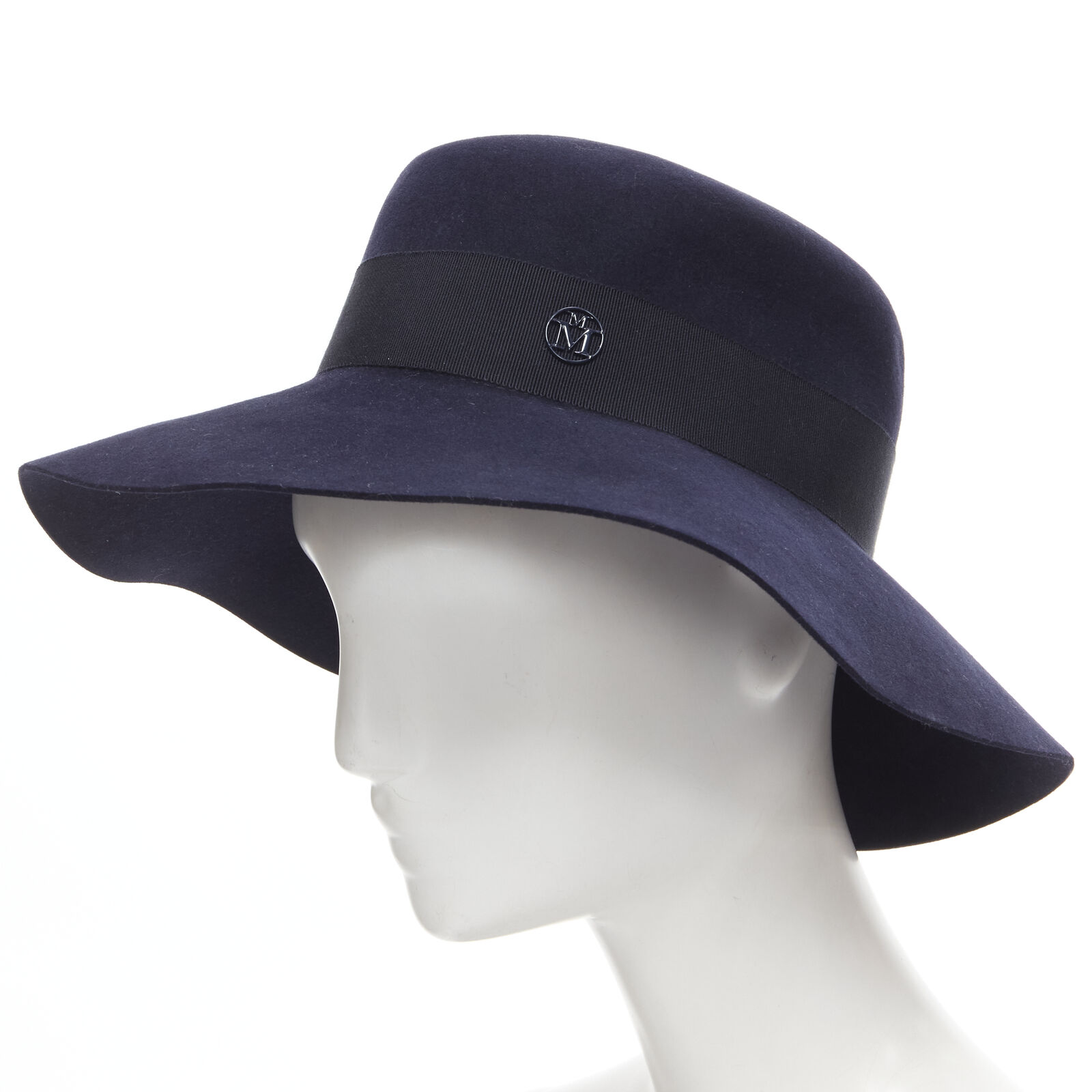 NEW! MAISON MICHEL navy blue black grosgrain M logo detail fedora hat S 56cm