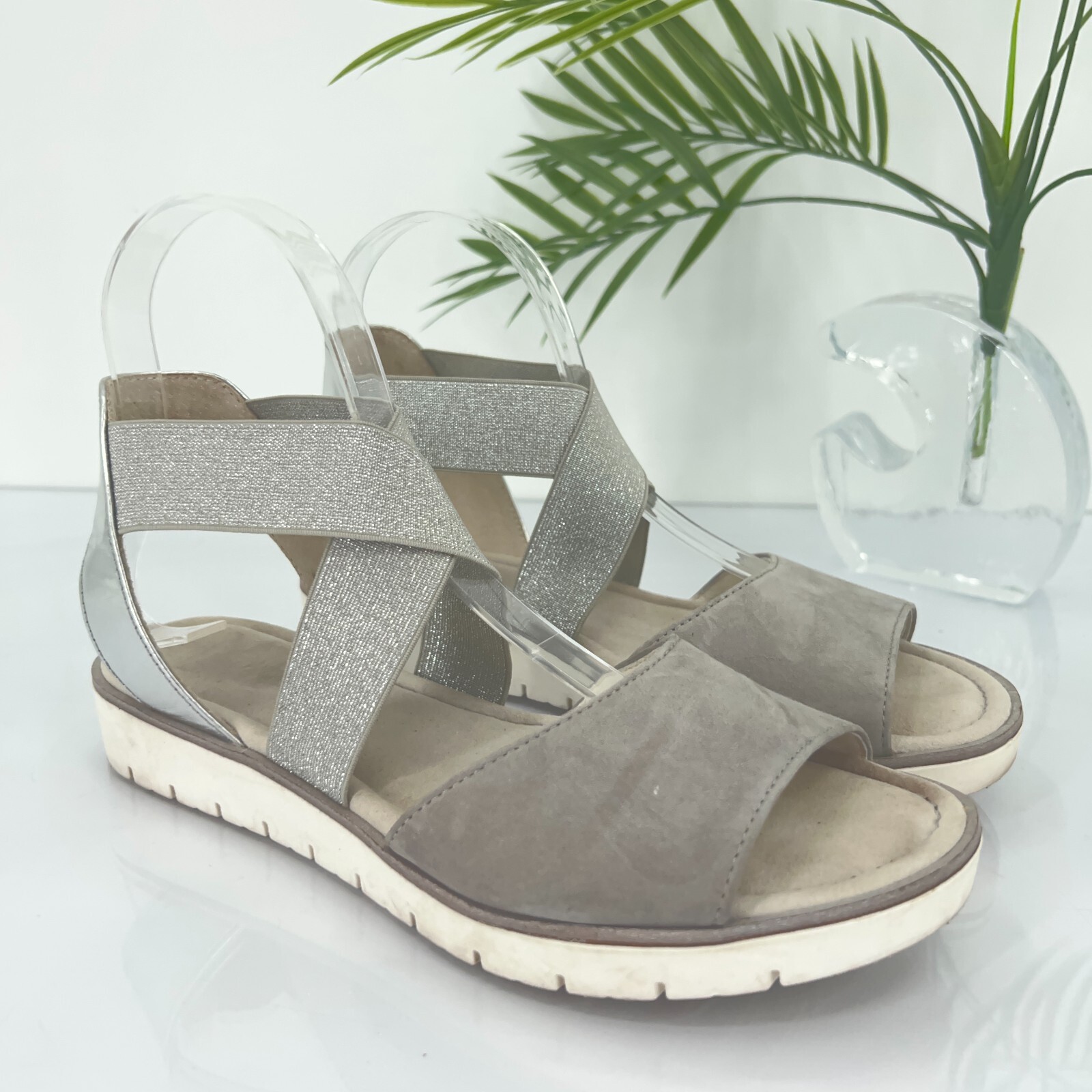 Gabor Leather Sandals Size 7.5 Silver Metallic Grey Suede Slide Flat Wedge  | eBay