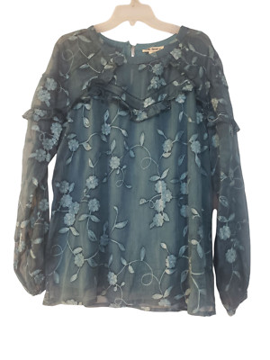 Indigo Thread Co Womens Shirt XL Blue Floral Lace Ruffle Long Sleeve Blouse