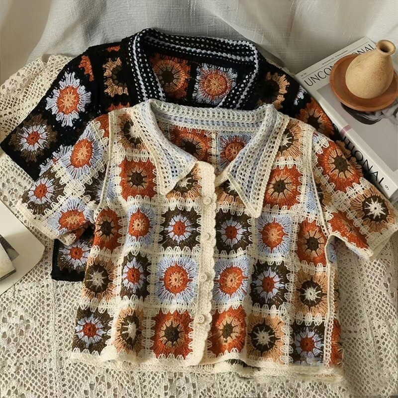 Women Crochet Knit Button Down Loose Shirt Short Sleeve Embroidery