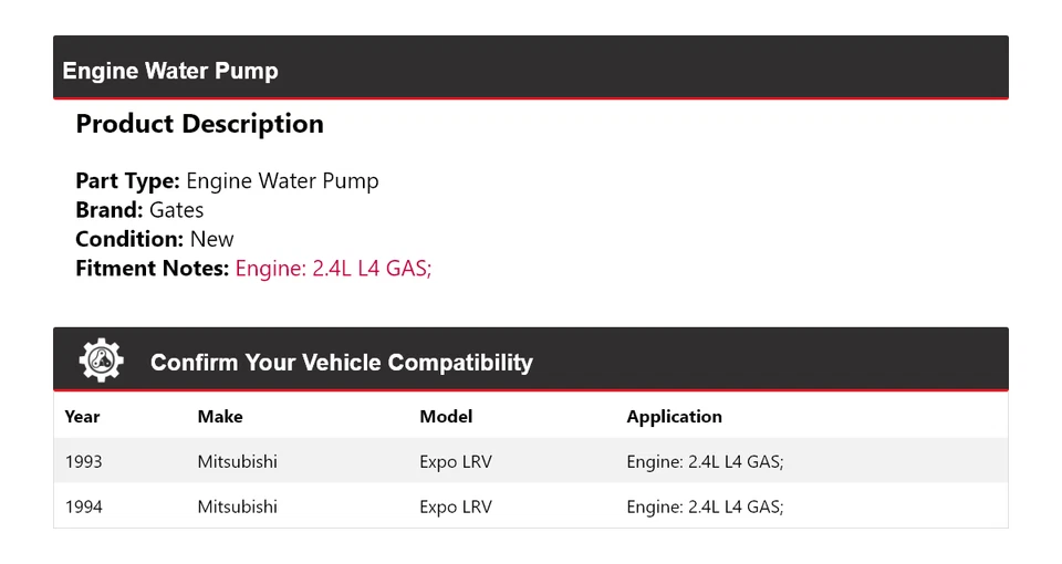 For 1993-1994 Mitsubishi Expo LRV 2.4L L4 GAS Engine Water Pump Gates - Image 2 of 4