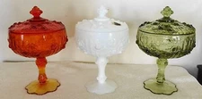 3 Fenton Cabbage Rose Flower Covered Pedestal Dish- Green, Persimmon & White