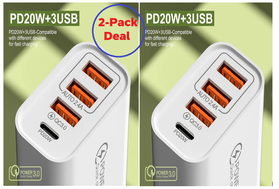 4-Port USB & USB-C Fast Charging Travel Adapter 2-Pack - USA  