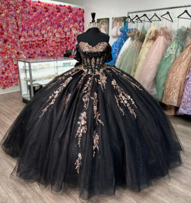 Black Quinceanera Dresses Glitter Off Shoulder Sweet 15 16 Princess Ball  Gowns | eBay