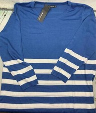 Womens Round Neck Stripes Boyfriend Loose Tunic Knit Top Blue White Stripes