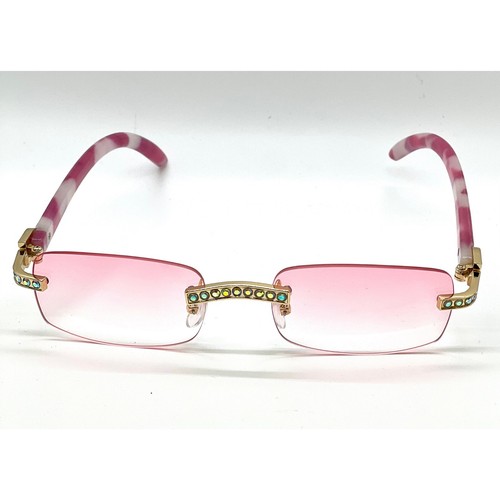 Rhinestone Rimless Sunglasses Pink Lens Fashion Designer Eyewear Women Men Gafas - Picture 2 of 4