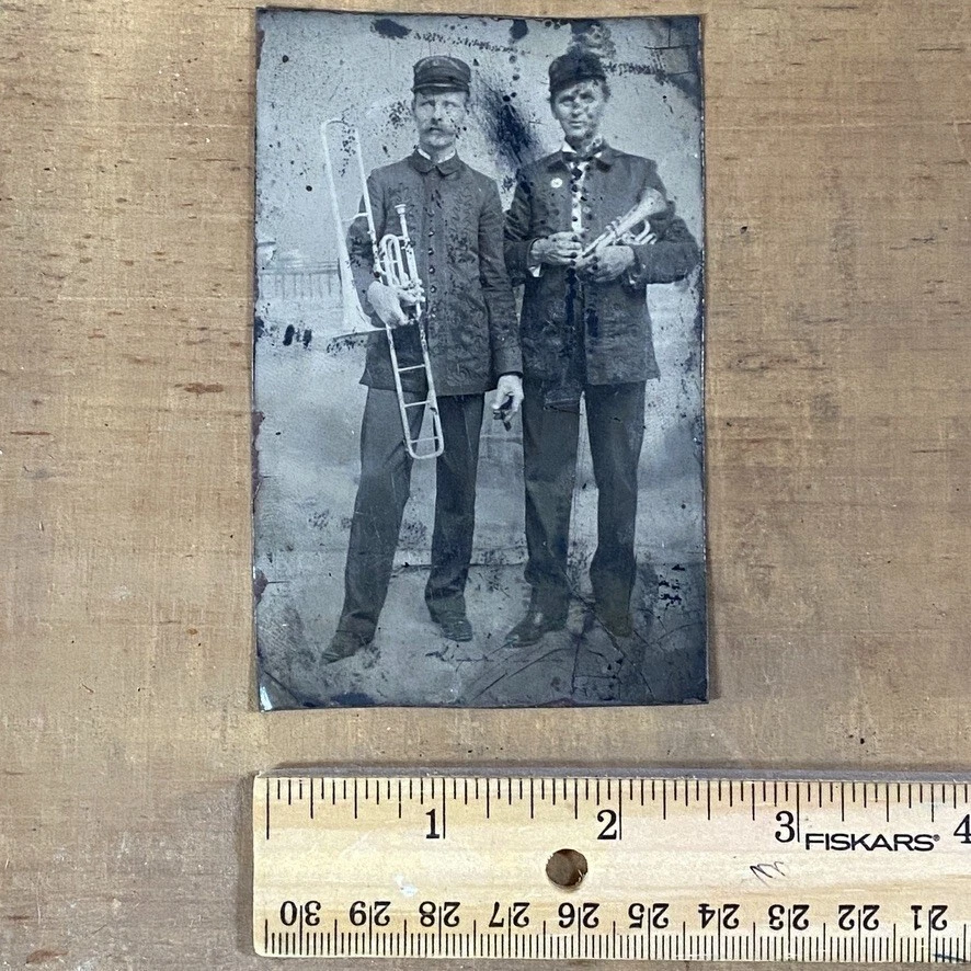 Late 1800s TinType Photo of Marching Band Musicians w Instruments Valve Trombone - Image 3 of 4