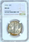 1945 NGC MS 66 Walking Liberty Half Dollar Awesome Rainbow Color Toned Scarce