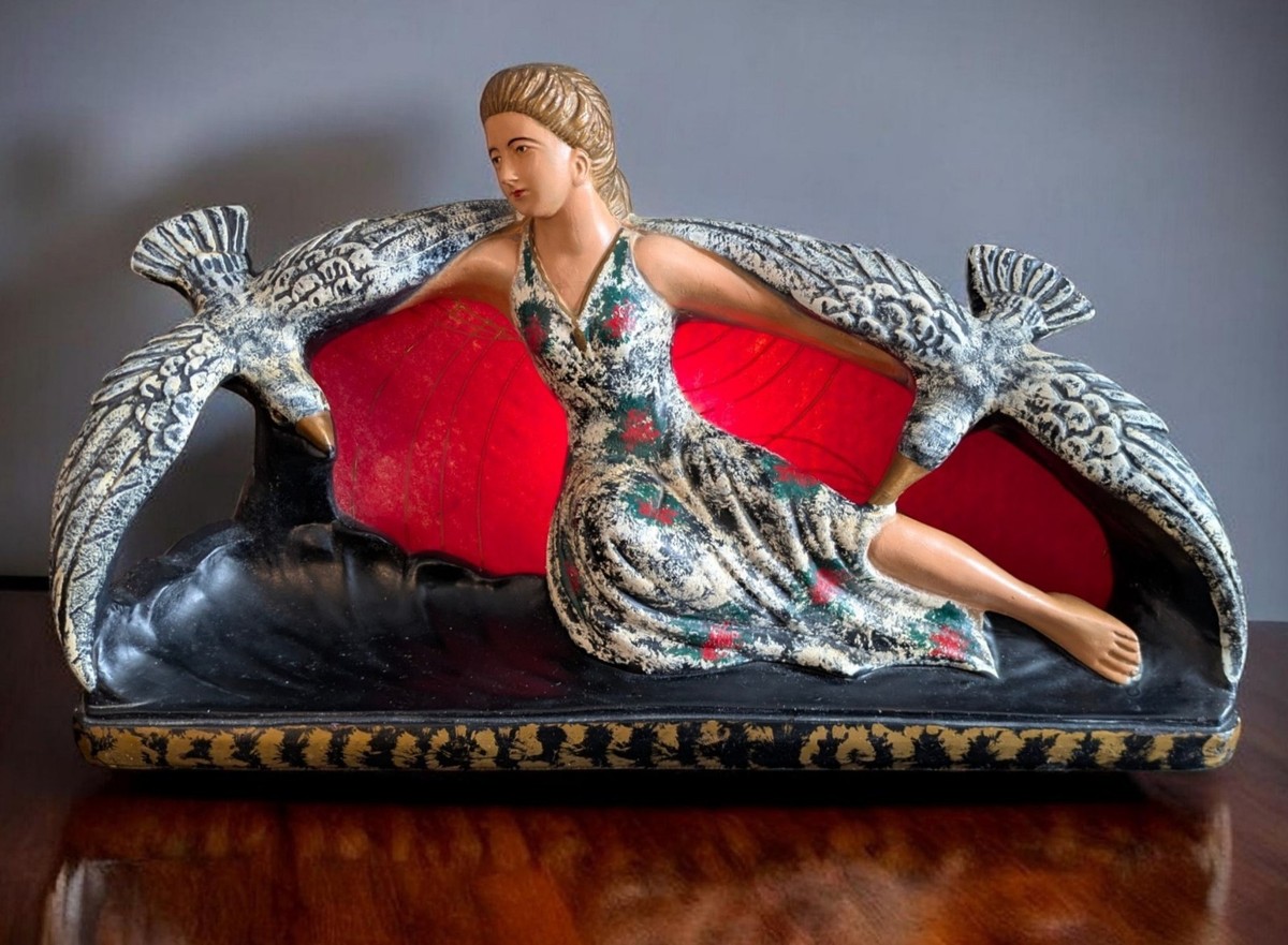 ART DECO NOUVEAU CHALKWARE WOMAN BIRD STATUE RED FIBERGLASS