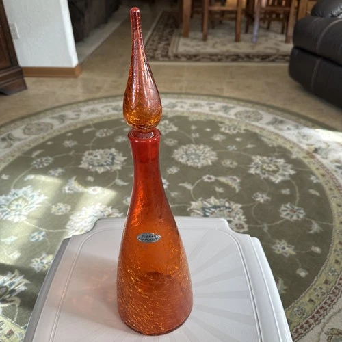 Vintage Blenko Crackle Glass Decanter Orange/Tangerine color