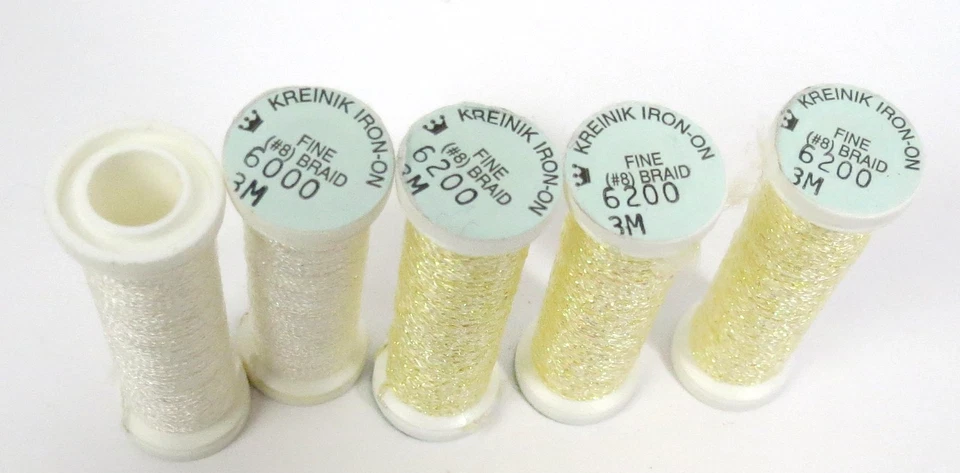 Kreinik Metallic Fusible Iron-On Thread 5 Spools #8 Braid 2x3M White 3x3M Yellow - Image 2 of 2