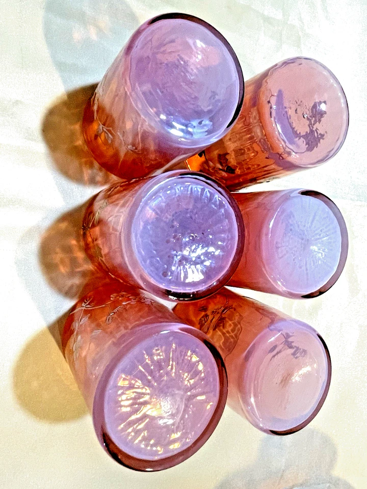 Jarra de vidrio arte floral pintada a mano Loetz Makart bohemia temprana y 6 vasos Foto 3 de 4