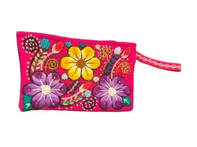 Peruvian Embroidered Wool Pouch Boho Floral Handcrafted Cosmetic Clutch Wristlet