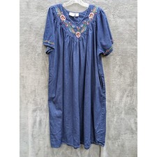 Cottagecore Embroidered Denim Dress Womens 2X Blue Floral Cotton Pocket