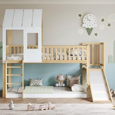 High Sleeper Kids Bed Frame with Fun Slide, Safety Rails & Window, 3ft Single