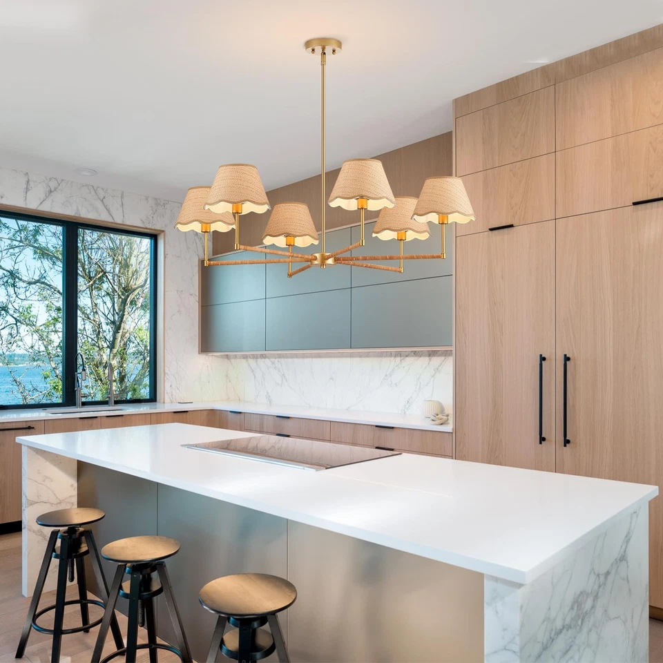 "Lámpara de araña de ratán boho 39"" 6 luces rústica industrial colgante luz grande ajustable... Foto 4 de 4