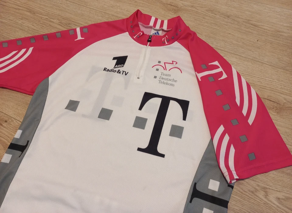 Camiseta deportiva de ciclismo Team Deutsche Telekom 1998 vintage Adidas rosa/blanco radio y televisión Foto 2 de 4