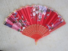 Red Floral Flowers Folding Fan Chinese Asian NWOT