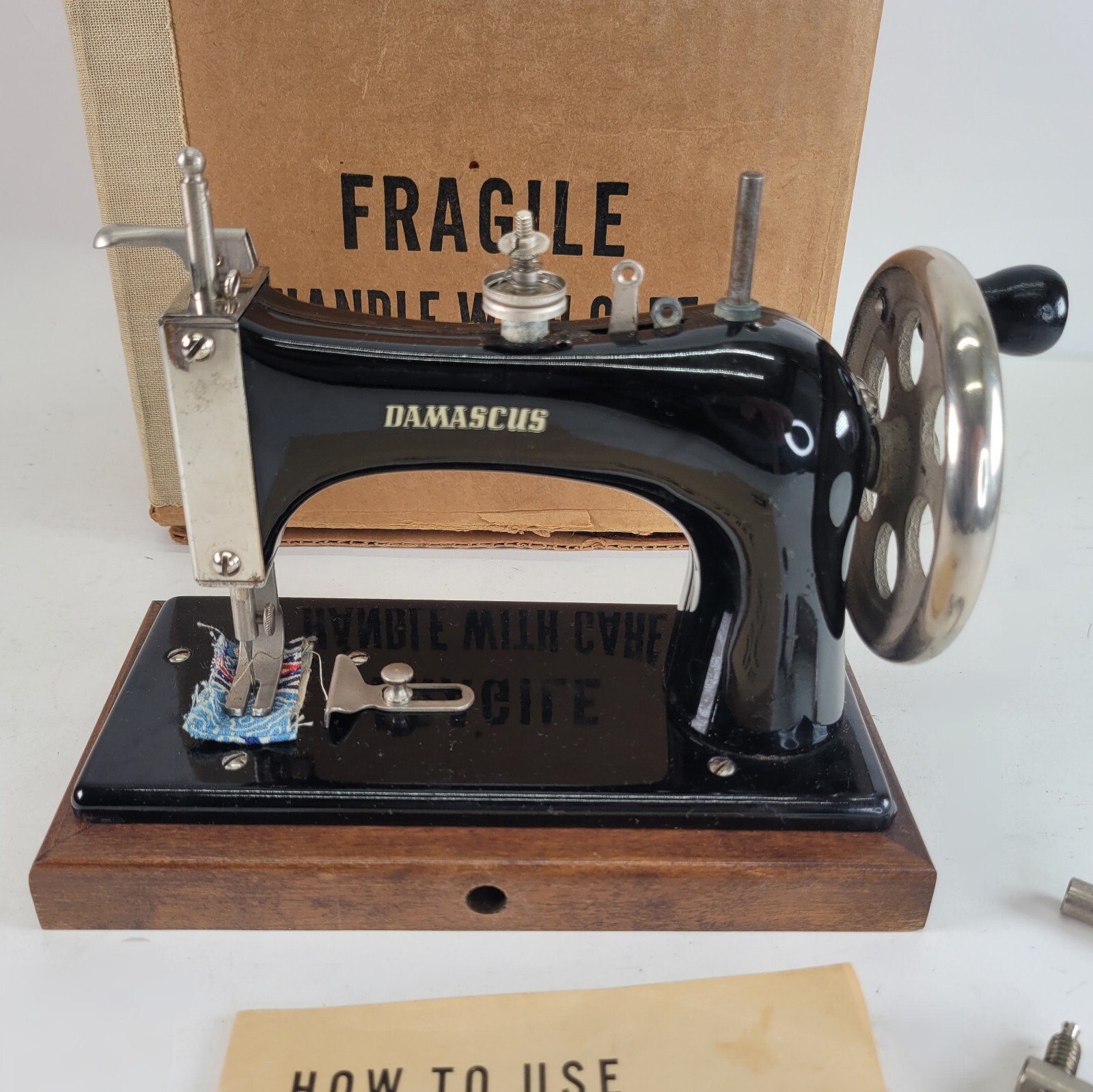 Antique Minature Hand Crank Chain Damascus Sewing Machine Complete w