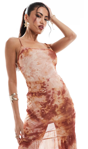 ASOS DESIGN Brown Marble strappy mesh maxi dress with side split Size S 8-10 NEW - Picture 3 of 4