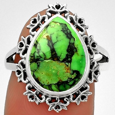 Natürlicher grüner Matrix Türkis 925 Sterling Silber Ring Gr.7 Schmuck R-1114
