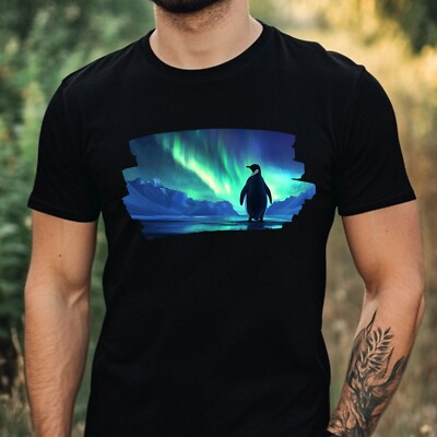 Mens Northern Lights Print Cotton Penguin T-Shirt Size XS to 5XL