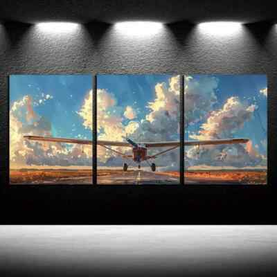 3pcs Airplane in Flight with Cloudy Skies Canvas Unframed
