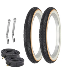 BICYCLE WIRE BEAD TIRE 16" X 1.75" SMALL BRICK WHITEWALL YELLOW LINE 6PC SET.