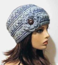 crochet womans handmade flower hat beanie wool blend frost blue marl puffs new