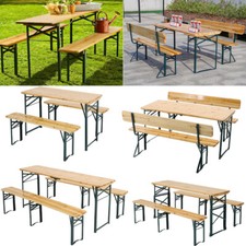 3pc Garden Folding Beer Table & Bench Set Outdoor Wooden Trestle Patio Furniture