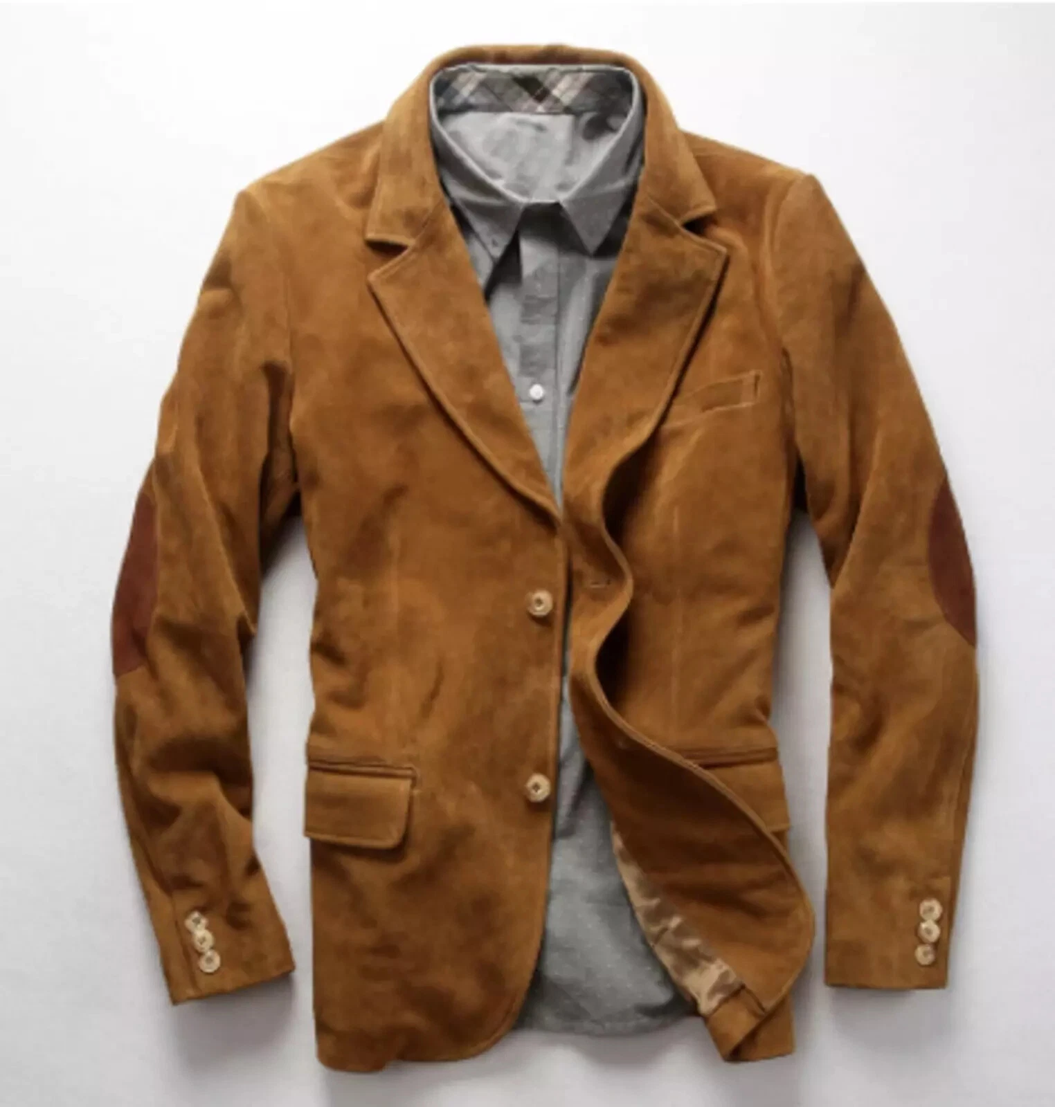 Men's Genuine suede tan Leather Blazer Jacket TWO BUTTON Classic Coat