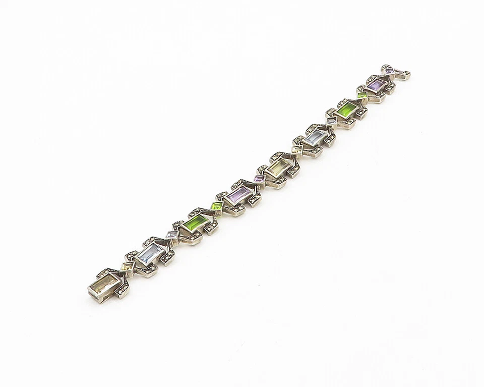 925 Silver Vintage Topaz Amethyst Peridot & Marcasite Chain Bracelet BT7728 - Image 2 of 4