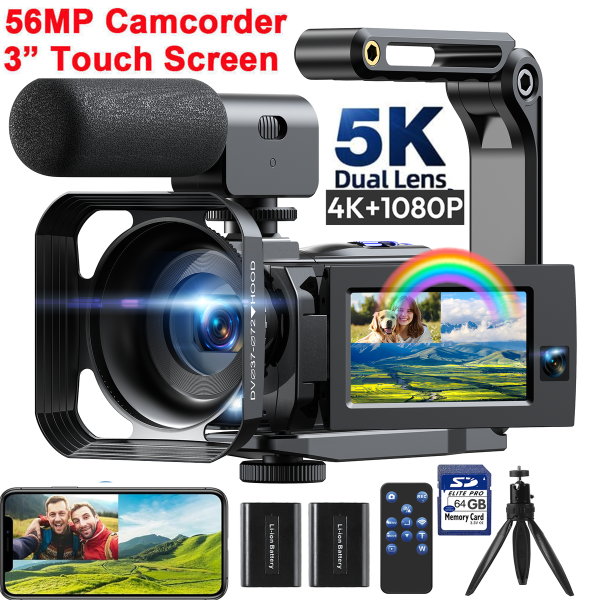 5K Digital Camera Dual Lens 56MP Video Camera Camcorder for Vlog  Webcam