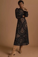 NWT Anthropologie Farm Rio Floral Midi Dress Boho Devore Lace Black Mandala M