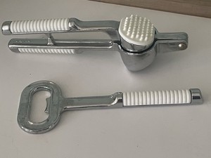 Pedrini SS Garlic Press and Bottle Opener White Ribbed Handle Marked