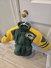 Vtg 90s Green Bay Packers Winter Coat NFL Kids Toddler Sz 4 Logo Zip Hood Cotton