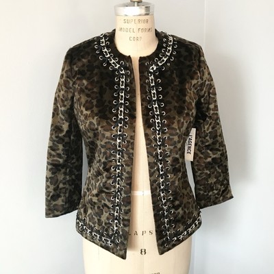 L agence Jacket Womens 4 Leopard Faux Fur Grommet Chain Ribbon Open Blazer NWT