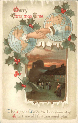 Christmas Village at Sunset Globes Hand Shake Holly Embossed c1900s-20s PC