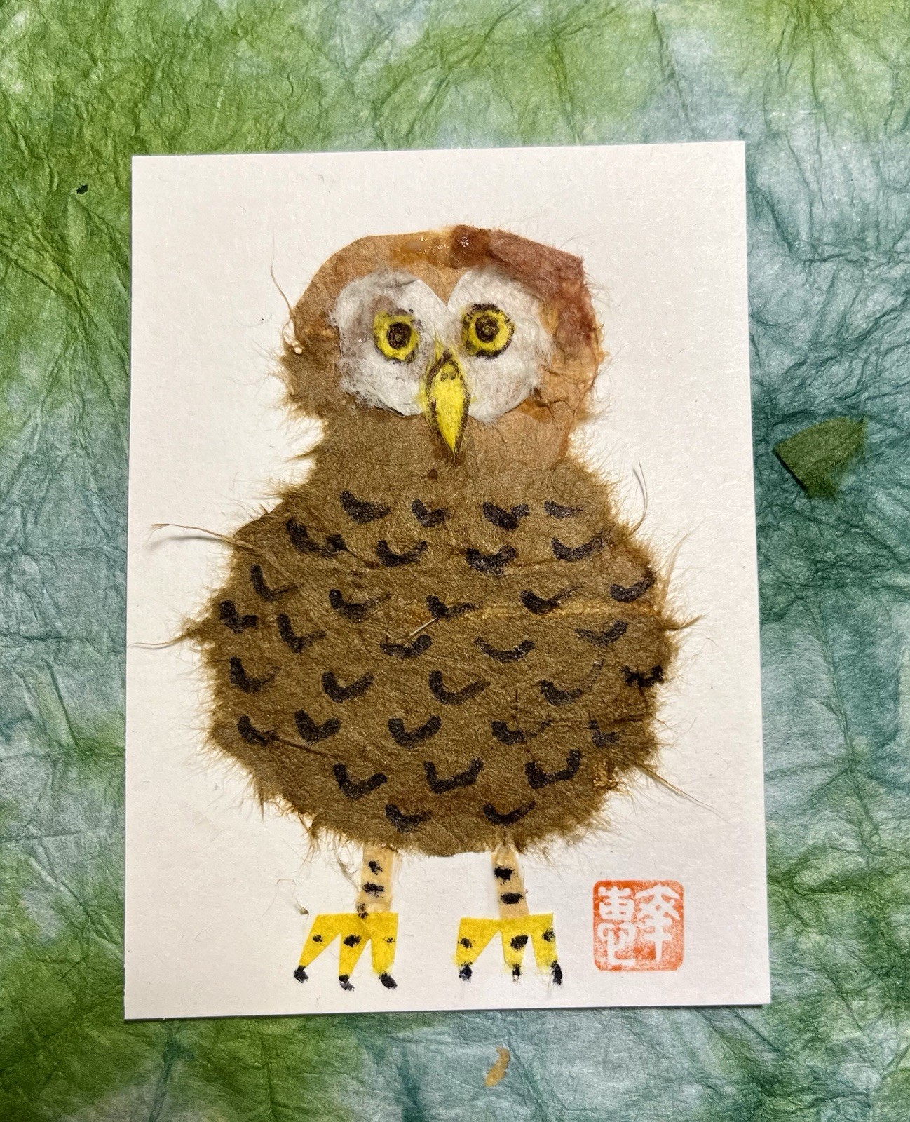 Original ACEO Japanese Washi Art Lonely Owl
