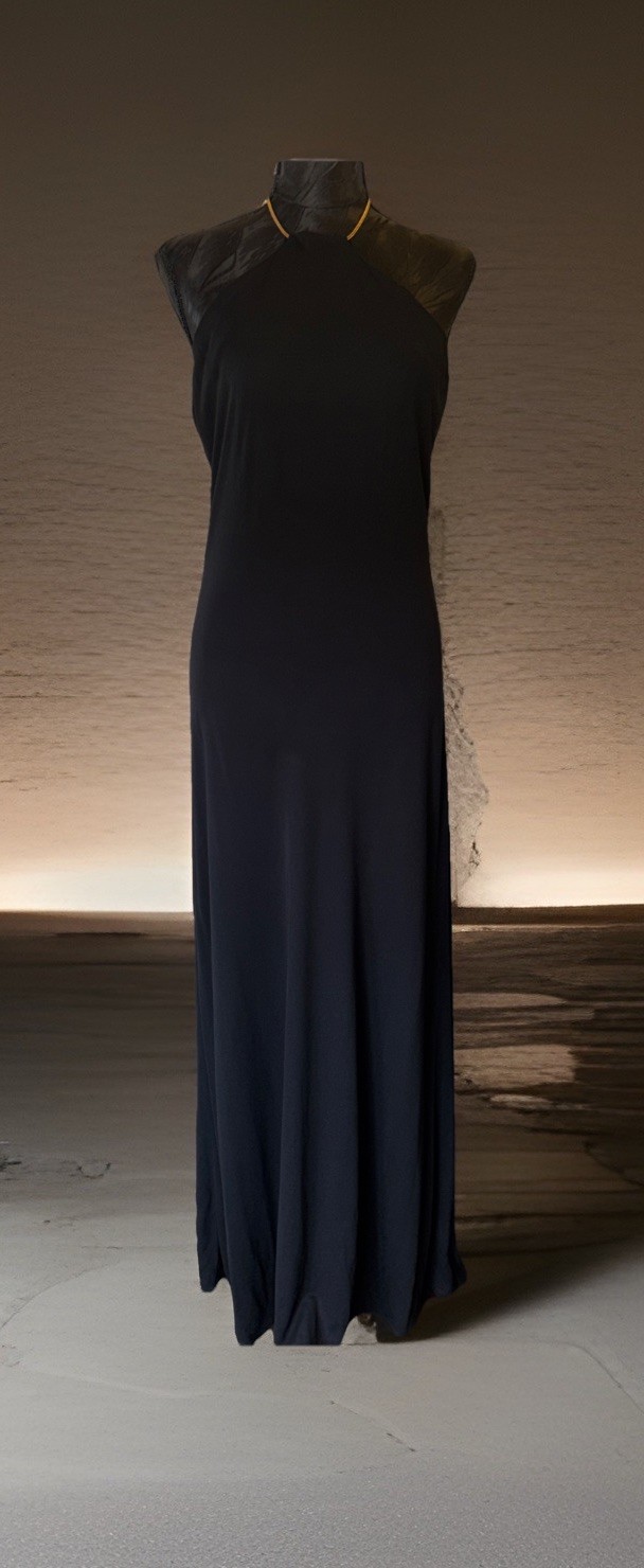 Ralph Lauren Black Pencil Dress Metal Necklace Neckline  Size M 58” Long Party