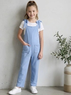 Moa Moa Girls Sky Blue Adjustable Tie Strap Jumpsuit w/ Pockets, Medium