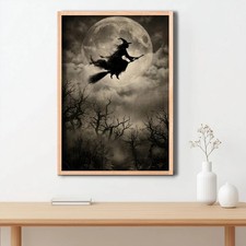 Vintage Flying Witch Full Moon Dark Gothic Halloween Art Poster