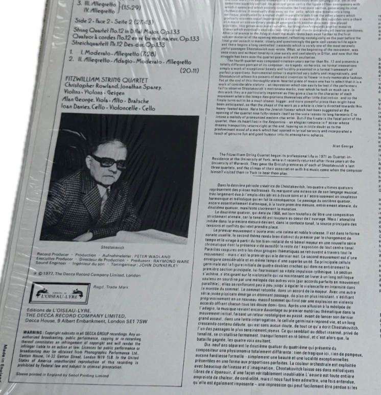 FITZWILLIAM QUARTET ⸺ SHOSTAKOVICH quartets nos.4 & 12 ⸺ L'OISEAU-LYRE LP NM - Image 4 of 4
