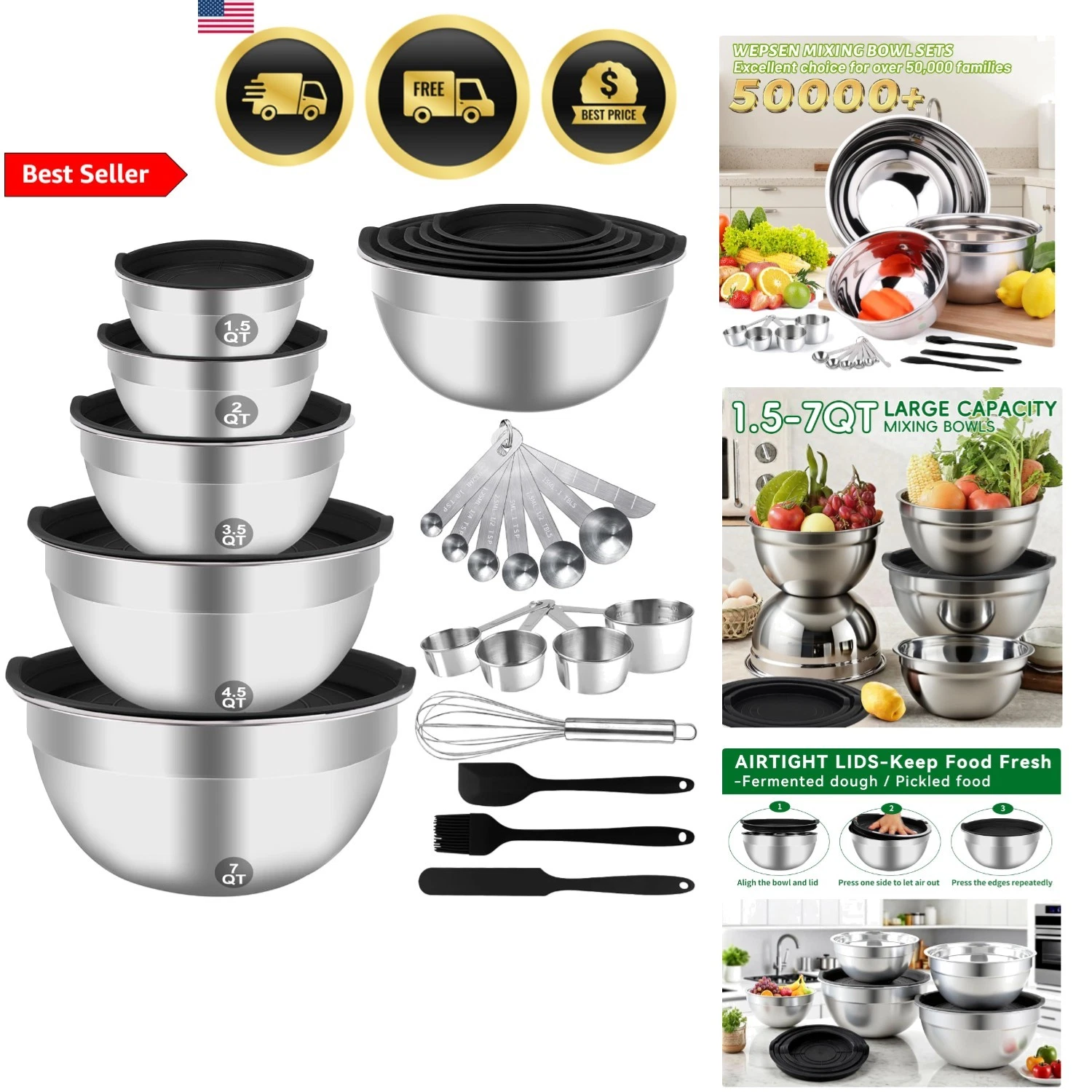 Mixing Bowls Set, 25PCS Stainless Steel Mixing Bowl with Lid Set, Large Nesti...