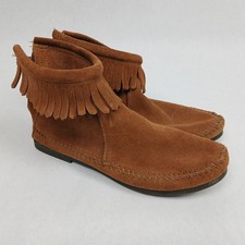 Minnetonka Brown Suede Fringed Zip Back Womens Moccasins Ankle Boots Size