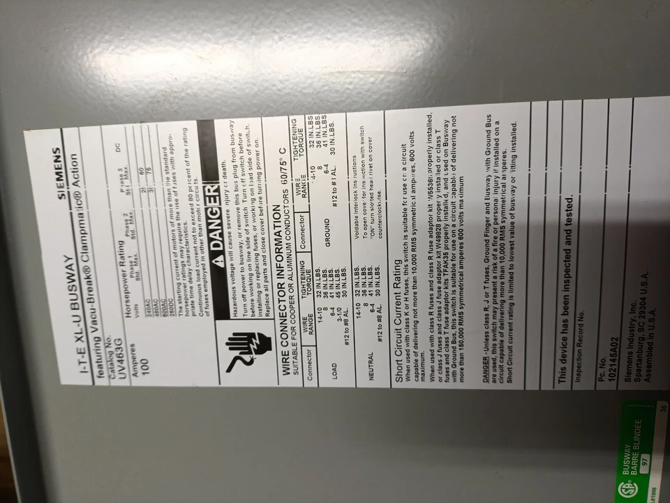 SIEMENS UV463G 100 AMP 600 VOLT 3PH 4W XL-U FUSIBLE SWITCH PLUG - Image 2 of 4