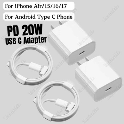 20W Fast Charger Block For i Phone Air 17 16 15 Android USB-C Adapter PD Cable