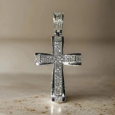 2Ct Round Cut White Moissanite Men's Cross Pendant 14K White Gold Plated