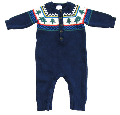 Hanna Anderssen 100% Cotton Blue Green Tree Knit Button Jumpsuit Baby 12-18 M
