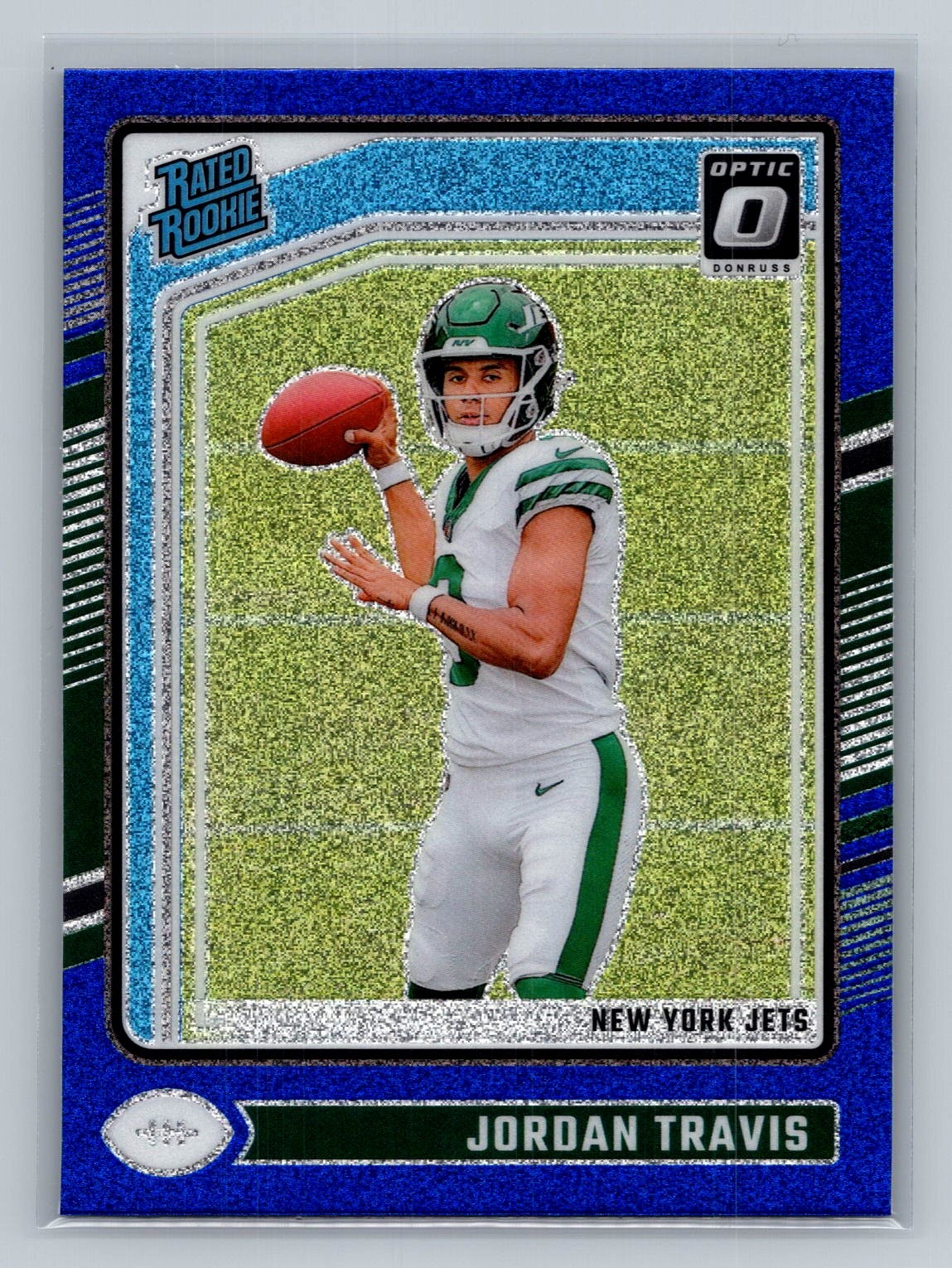 Jordan Travis 2024 Donruss Optic #260 Blue Glitter New York Jets
